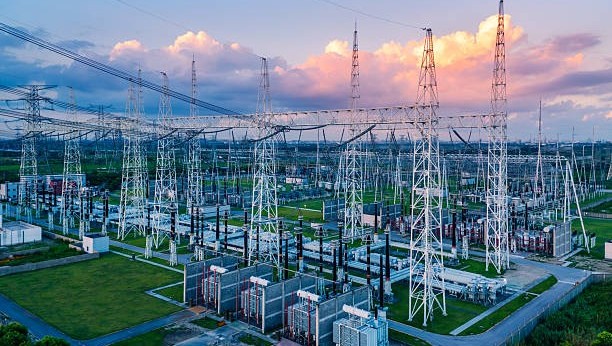 Aerial view of a high voltage substation.Industrial power tower background.